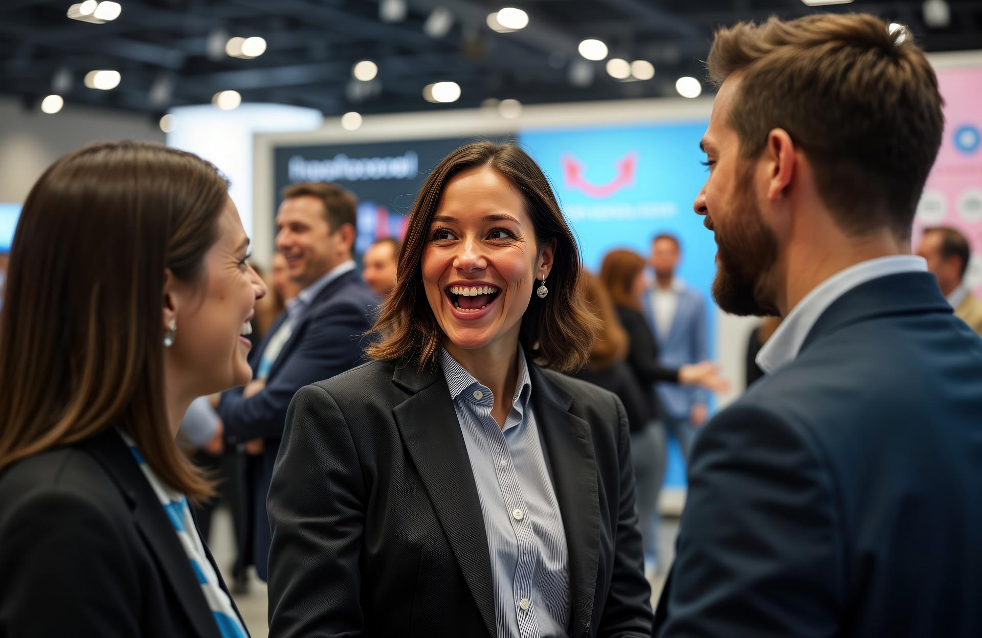 Startup business owner presenting at trade show. Happy, laughing people listen attentively. Group of people enjoying event. Lively atmosphere inside exhibition hall. Successful business concept. Startup business owner presenting at trade show. Happy laughing people listen attentively. Group of people enjoying event. Lively atmosphere inside exhibition hall. Successful business concept.